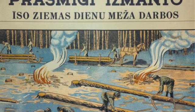 Padomju laika plakāts, uz kura uzraksts un cilvēki strādā meža darbus